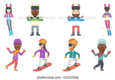 Young snowboarder snowboarding. Snowboarder making freestyle trick. Snowboarder with snowboard. Man and woman riding on snowboard. Set of vector flat design illustrations isolated on white background.