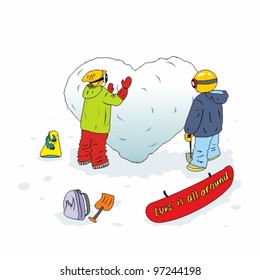 young snowboarders make a big snow heart