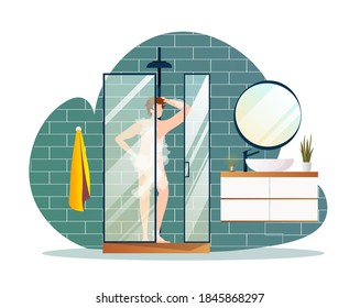 Young soapy man standing in the shower cabin. Taking shower, hygiene, relaxation, bathroom concept. Isolated vector illustration for poster, banner, cover.
