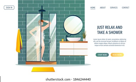 Young soapy man standing in the shower cabin. Taking shower, hygiene, relaxation, bathroom concept. Vector illustration for poster, banner, website.