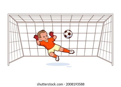 A young soccer goalkeeper jumps to catch the ball flying into the soccer goal. Vector illustrations in cartoon style for children on the theme of sports