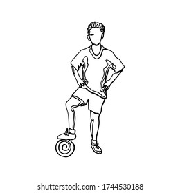 Young soccer player with a ball one continuous line drawing vector illustration isolated on white background. Minimalist design concept.