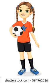 young soccer player girl in standing pose holding a soccer ball vector illustration