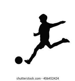 Young soccer player kicking a ball, isolated vector silhouette footballer. Kid, young boy. Team sport