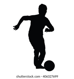 Young Soccer Player Silhouette, Kid Plays Soccer Or Football. Front View. Football Player Is Taking Off With The Ball