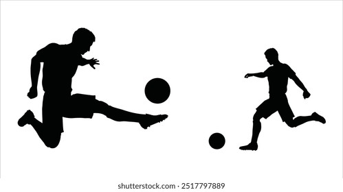 young soccer players football. Silhouette of a male soccer player kicking a ball.football player. ball. game. football field. sport.