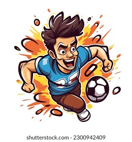 A young soccerman kicks the ball. Sports disciplines. cartoon vector illustration, white background, label, sticker