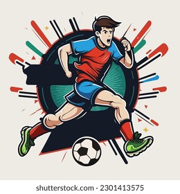 A young soccerman kicks the ball. Sports disciplines. cartoon vector illustration, white background, label, sticker