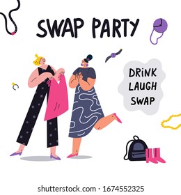 Young social and eco responsible girls at fashion swap party.Swap party invitation template.Idea of exchange your old wardrobe for new.Eco-friendly cloth exchange.Vector cartoon flat illustration