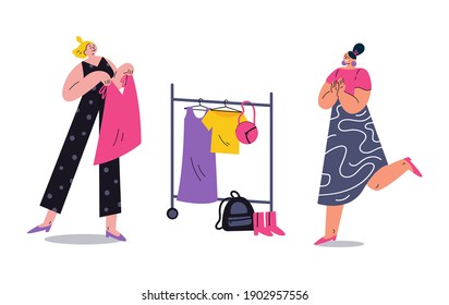 Young Social And Eco Responsible Girls At Fashion Swap Party. Idea Of Exchange Your Old Wardrobe For New. Eco-friendly Cloth Exchange. Vector Cartoon Flat Illustration. Swap Party Invitation.