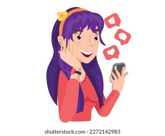 A young social media girl vector illustration. A young girl illustration with smart phone and social media icons.