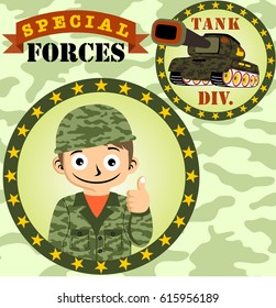 Young soldier with armored vehicle on camouflage background, vector cartoon illustration
