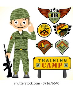 jóvenes del ejército y conjunto de logo del ejército con la junta de entrenamiento del campo, diseño de pantalones t, ilustración de vectores de dibujos animados