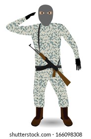 Young soldier with mask and rifle. Vector illustration EPS-10.
