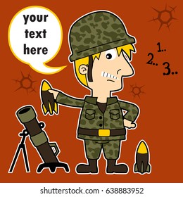 Young soldier with mortar launcher, vector cartoon illustration