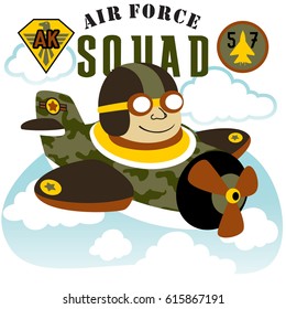 Young soldier on fighter jet with military badge, vector cartoon illustration