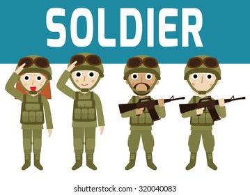 young soldiers. men and woman.
flat cartoon character design isolated on white background.