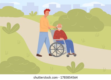 Young son social worker strolling with old man on wheelchair in green park. Elderly senior age disabled outdoor with volunteer. Concept for assisted living or nursing home. Flat vector illustration.