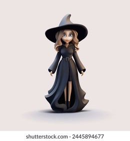 Young sorceress, witch in black suit and hat 3D. For illustration children's fairy tales, celebration of Halloween day. Vector