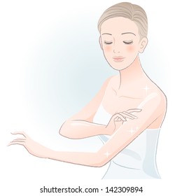 Young spa woman gently touching arms, taking care of her body.File contains Gradients, Transparency, Blending Tool.