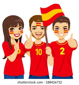 Young Spaniard soccer fans cheering their Spain national football team