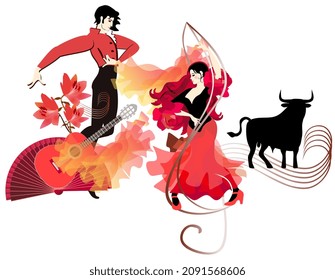 Young Spaniards, man and woman, dancing flamenco. Manton, guitar, fan, treble clef, stave and black bull complete the picture.