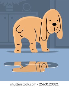 Young spaniel puppy did a dirty trick at home. Puddle on the floor. Dog feels guilty. Animal character. Cartoon vector illustration