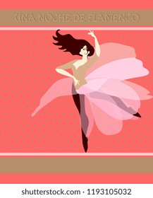 
Young Spanish ballerina with flowing hair, dressed in pink tutu, dances against red background in golden polka dots. Flamenco night (Spanish text). Concert poster, invitation card in art deco style. 
