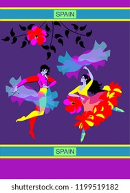 Young Spanish couple dancing flamenco in night garden. Man with raincoat and woman with shawl in the form of flying bird. Bright picture.