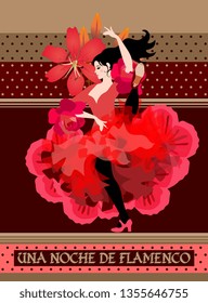 Young Spanish dancer in a luxurious red dress dancing flamenco provocatively in front of a beautiful polka-dot background. Flamenco night (inscription in Spanish). Chocolate packaging design, banner. 