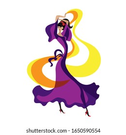 young spanish dancer in a purple dress with ribbons in her hands