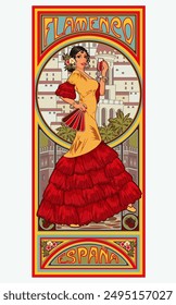 Junge Spanische Flamenco Mädchen mit Weinglas im Jugendstil, Vektorillustration