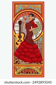 Junge Spanische Flamencofrau mit Weinglas im Jugendstil, Vektorillustration