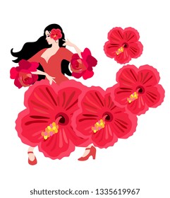 Young spanish girl dressed in fantasy red dress with hibiscus flowers dancing flamenco isolated on white background.