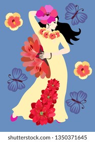 Young spanish girl flamenco dancer in long yellow dress, decorated flowers, with red fan on her hand, stands against blue background with big butterflies. 
