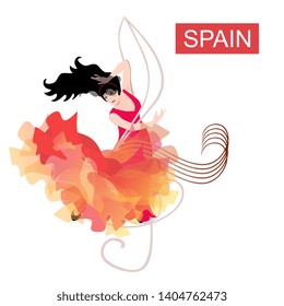 Young spanish girl in red dress, with manton in shape of flying bird, dancing flamenco on treble clef against white background. Banner, poster, beautiful card.