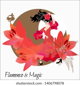 Young spanish girl in red dress, decorated huge lily flowers, dances flamenco against golden moon silhouette on white background. Text "Flamenco is magic".