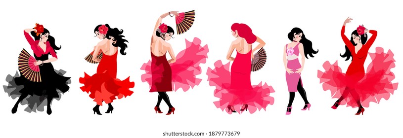 Young Spanish and gypsy girls in various costumes dance flamenco isolated on a white background. Great collection.