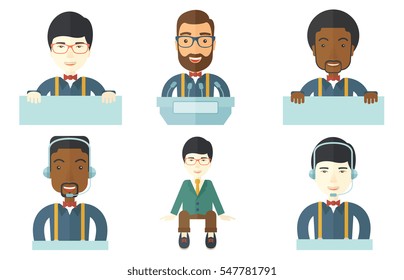 Young speaker giving a speech at podium at business conference. Happy businessman giving a speech at podium at business seminar. Set of vector flat design illustrations isolated on white background.
