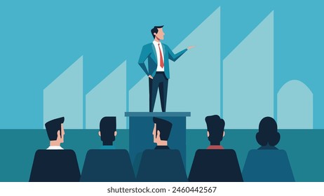 A young speaker lecture on stage flat vector illustration on white background