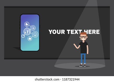 Young speaker presenting a new product on the stage. Presentation template. Your text here. Flat editable vector illustration, clip art