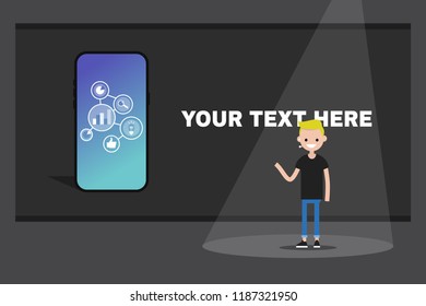 Young speaker presenting a new product on the stage. Presentation template. Your text here. Flat editable vector illustration, clip art