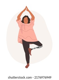 Young special girl doing Yoga. A woman with Prosthetic Leg in Yoga pose doing exercise and meditation. People with Disabilities, Prosthesis, amputation, inclusion. Vector illustration.