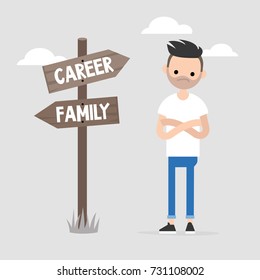 Young specialist making a choice between the career and family. Wooden signpost showing the opposite directions. Decision making. Flat editable vector illustration, clip art