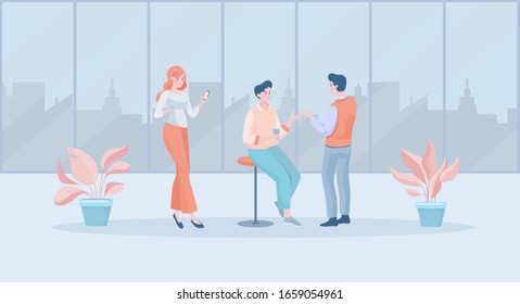 Young specialists during the coffee break at work vector flat illustration. Woman with smartphone and two men discussing. Colleagues, office workers, teamwork concept.