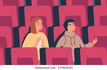 Joven pareja de espectadores ve el drama, la comedia en el cine. Hombre y mujer sentados juntos en el cine, lloran y ríen. Escena romántica de fechas. Retrato de personas en ilustración de vector plano