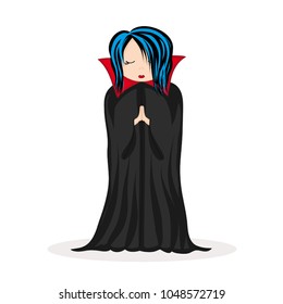 Young spiritual girl with blue hair standing still, praying - mysterious fantasy illustration