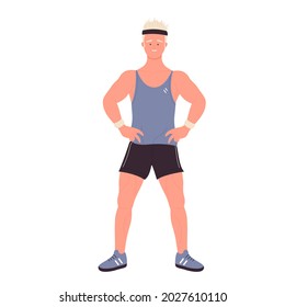 Young sport fitness man character, athlete smiling isolated on white.
