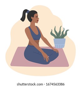 Young sport girl do yoga exercises, poses asanas. Vector colorful, flat illustration, isolated flower background.