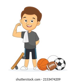 Young sport man around many sport elements